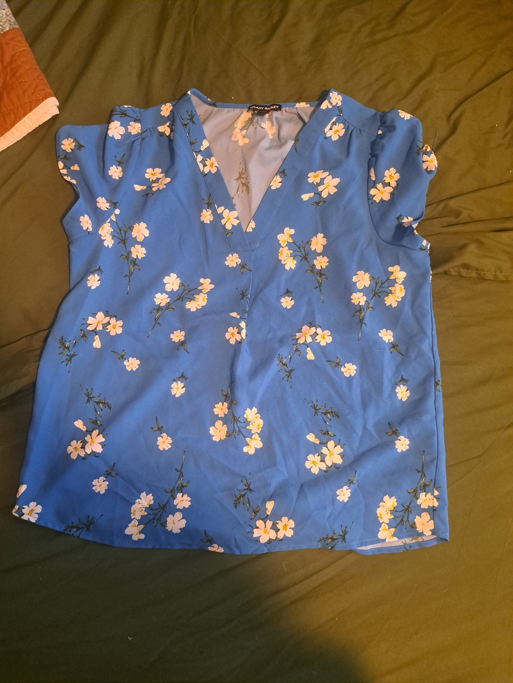 Hilary Radley Blue Floral V-Neck Blouse with Flutter Sleeves